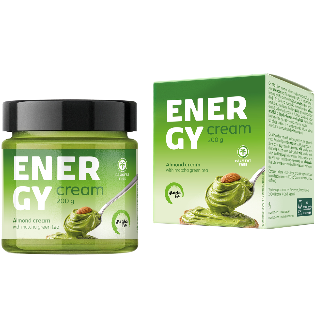 Dóza a krabička Matcha Tea Energy Cream 200 g, mandlový krém s matcha čajem