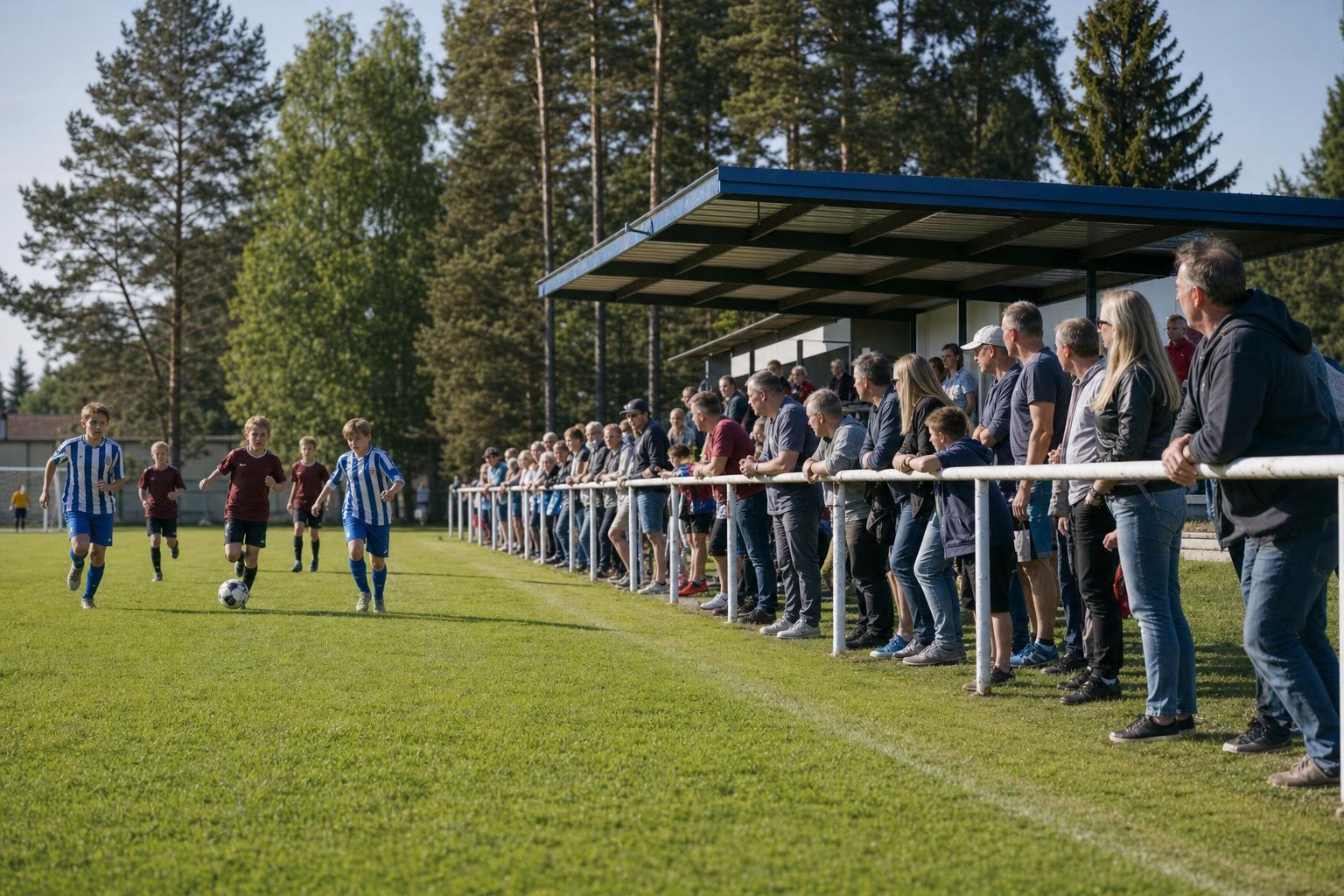 Ilustrační foto: rodiče a fanoušci sledují zápas mládeže na malém fotbalovém hřišti