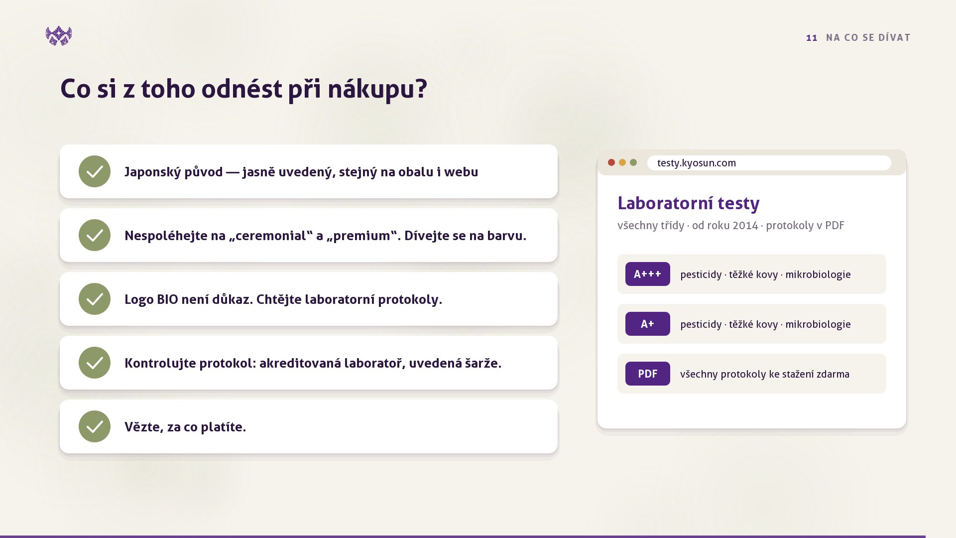 Na co se dívat při nákupu matchy: japonský původ, barva, laboratorní protokol se šarží