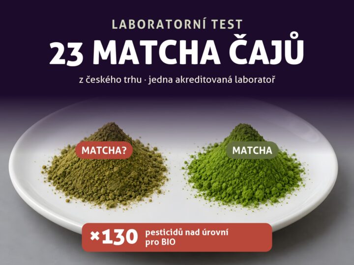 Laboratorní test 23 matcha čajů z českého trhu – dva prášky na talíři, matcha a „matcha?“